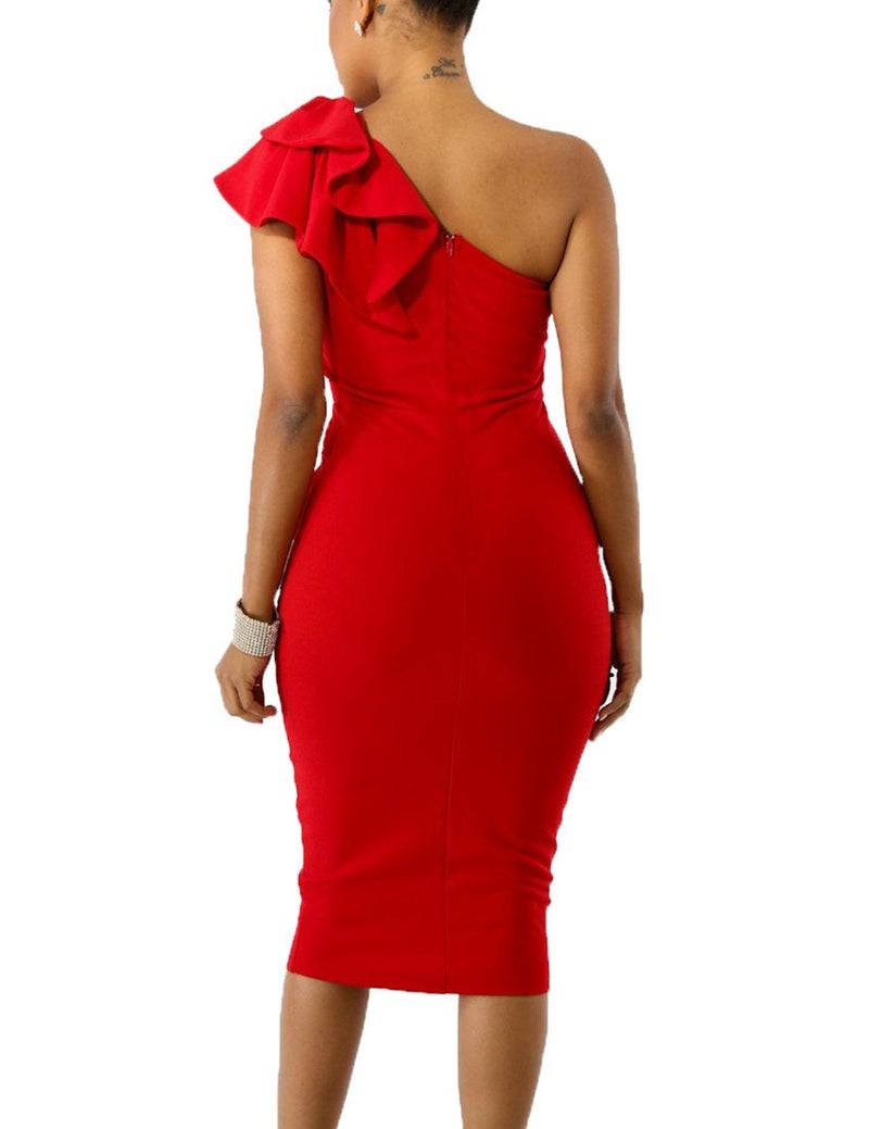 Mokoru Women's Sexy Ruffle One Shoulder Bodycon Elegant Cocktail Party Midi Dresses, Large, Red - Image 3